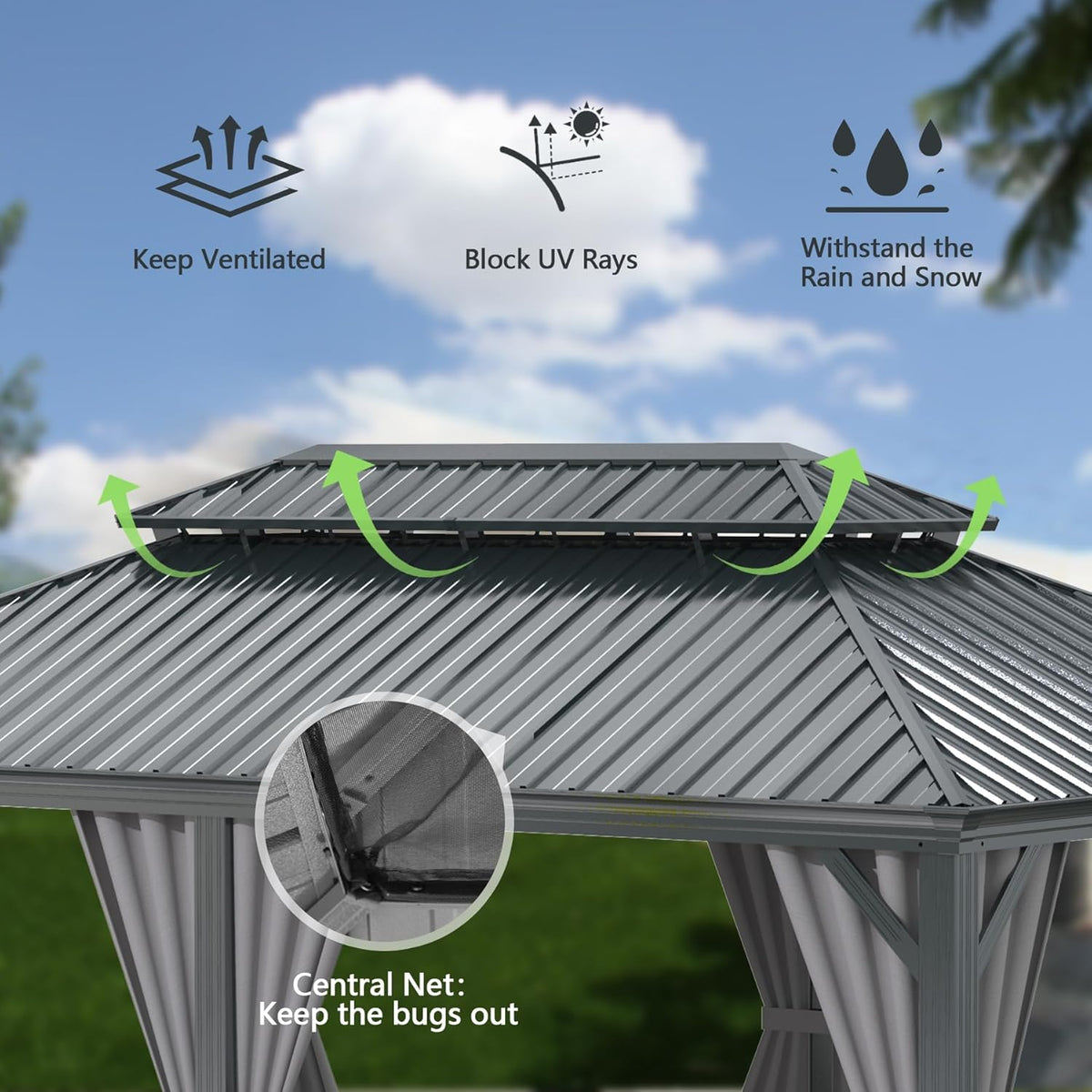 13x15FT Hardtop Outdoor Gazebo with Double Roof - Gray or Brown
