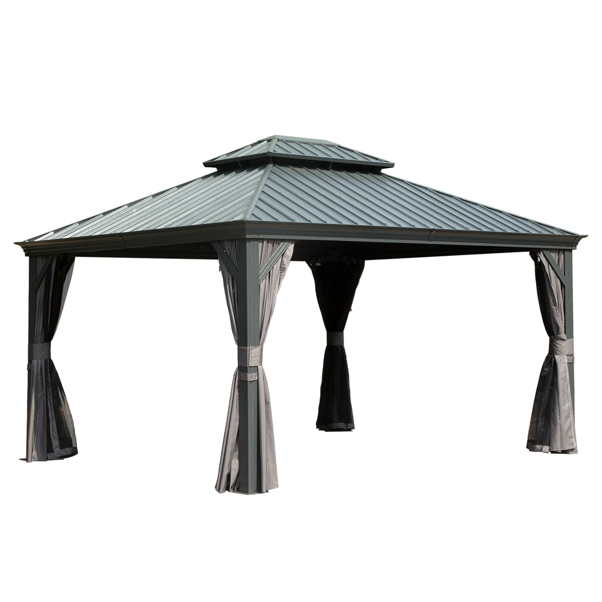 10' x 14' Hardtop Gazebo with Double Roof and Curtains - Grey or Brown
