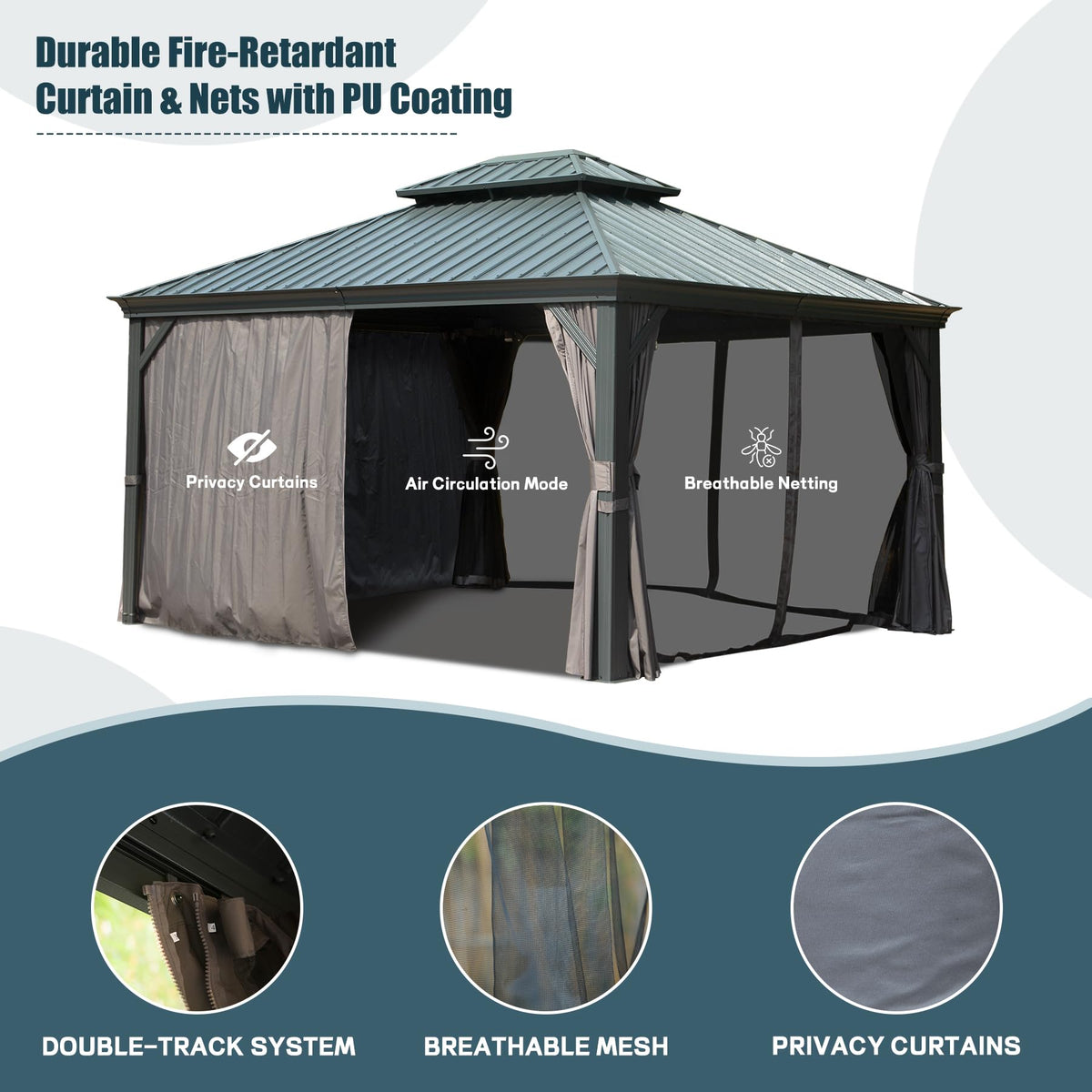 12' x 14' Hardtop Aluminum Gazebo with Double Roof and Curtains - Grey
