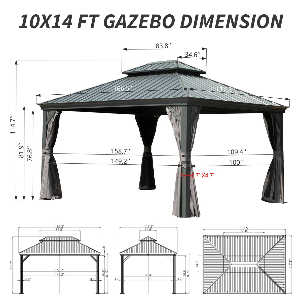10' x 14' Hardtop Gazebo with Double Roof and Curtains - Grey or Brown