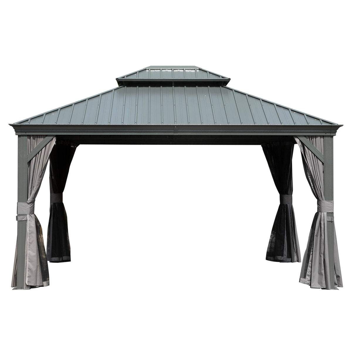10' x 14' Hardtop Gazebo with Double Roof and Curtains - Grey or Brown
