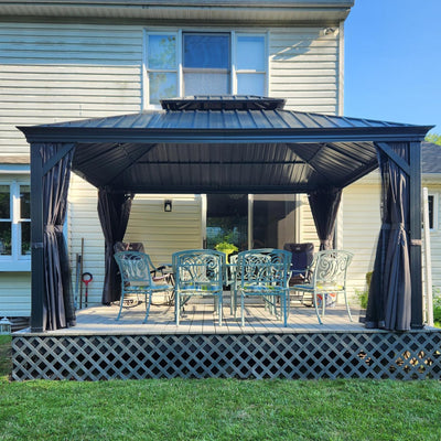 12' x 14' Hardtop Aluminum Gazebo with Double Roof and Curtains - Grey