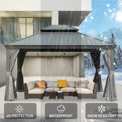 10' x 14' Hardtop Gazebo with Double Roof and Curtains - Grey or Brown