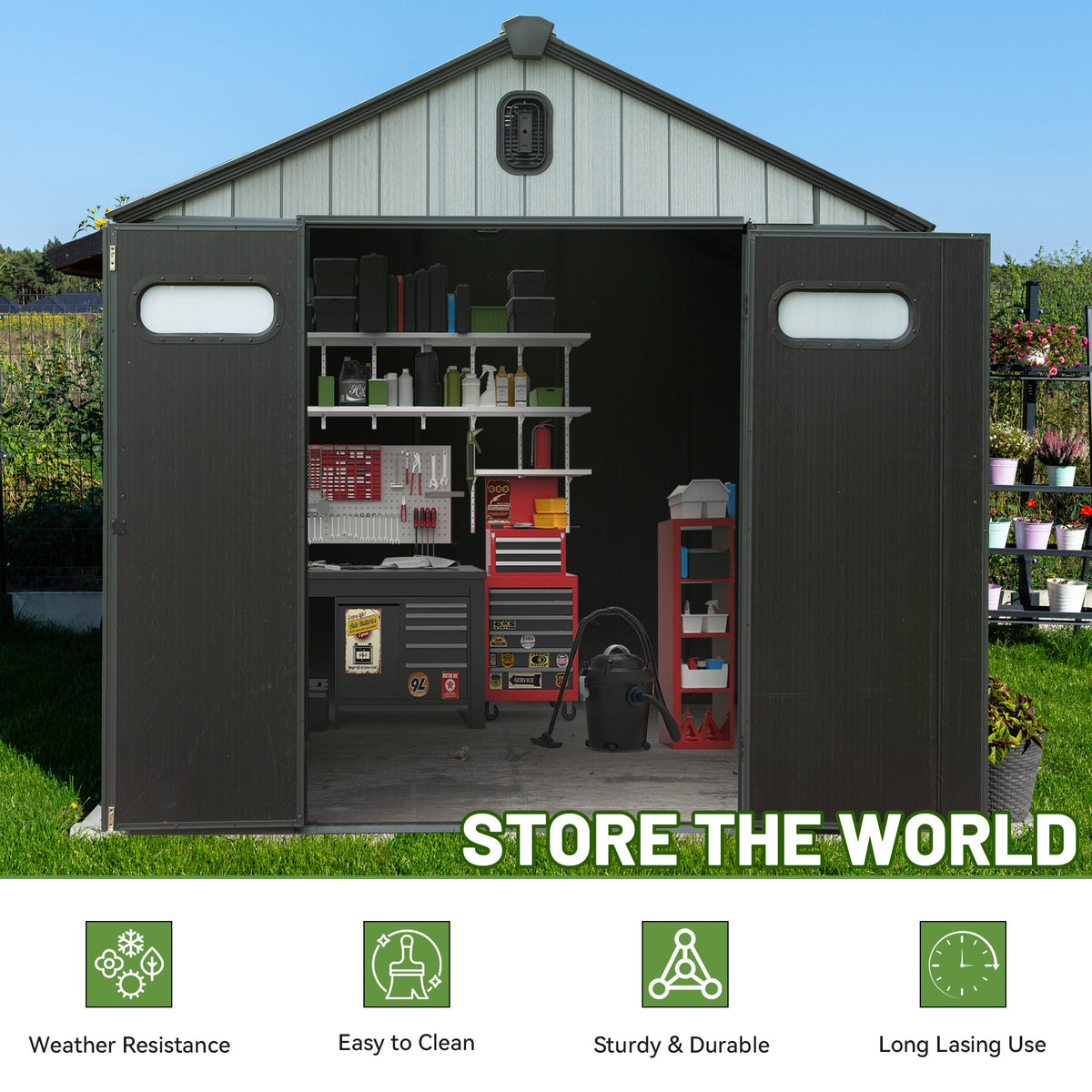 8x10FT Outdoor Resin Storage Shed with Lockable Door - Gray