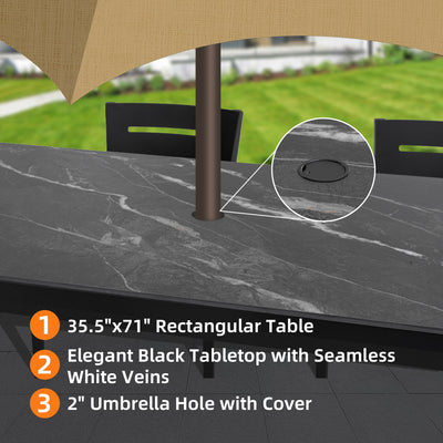 Modern 7-Piece Outdoor Patio Aluminum Dining Set with Sintered Stone Top - Black
