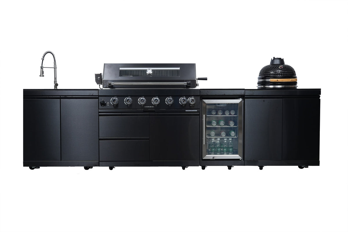 Black Stainless Steel Outdoor Kitchen Grill Island with Kamado & Refrigerator - Black