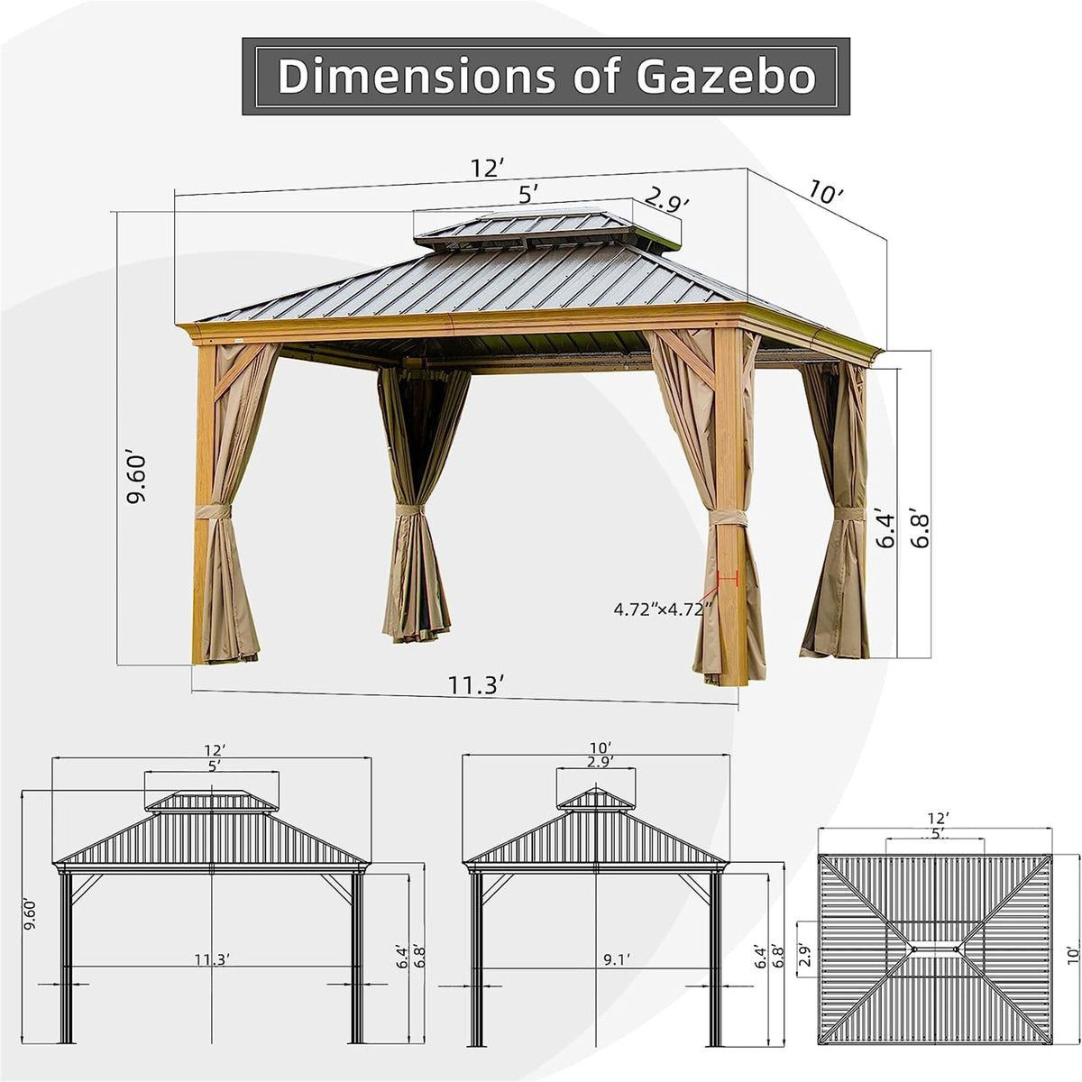 10'x12' Hardtop Gazebo with Wooden Coated Aluminum Frame - Yellow Brown