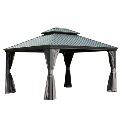 10' x 14' Hardtop Gazebo with Double Roof and Curtains - Grey or Brown
