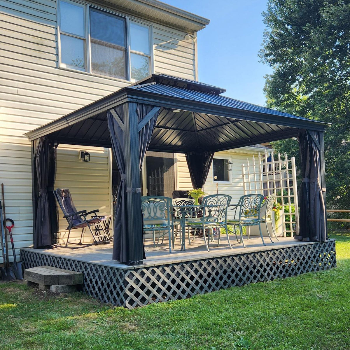 12' x 14' Hardtop Aluminum Gazebo with Double Roof and Curtains - Grey