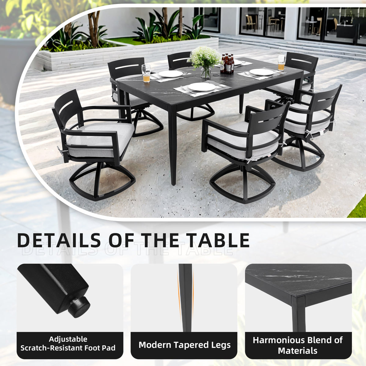 Modern 7-Piece Outdoor Patio Aluminum Dining Set with Sintered Stone Top - Black