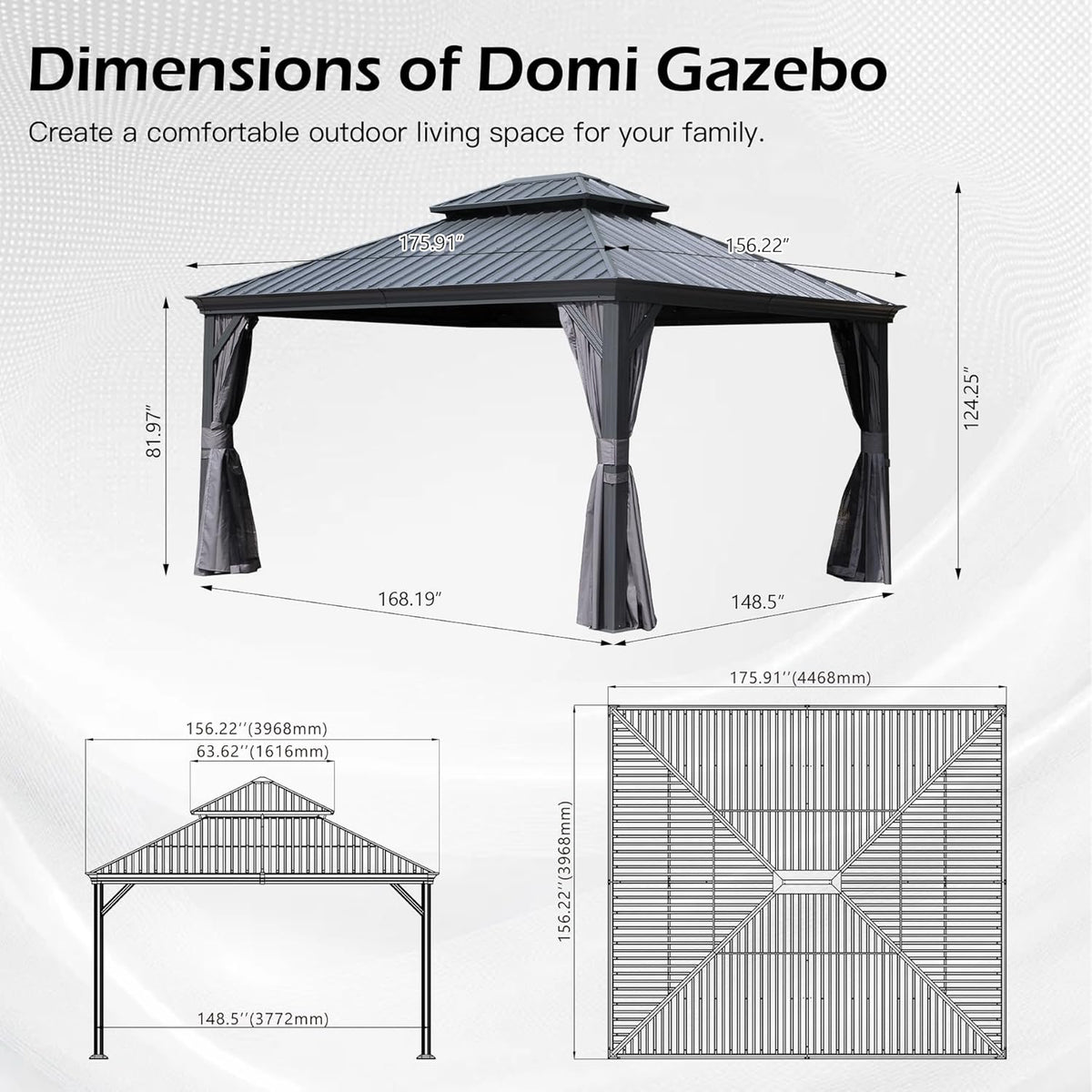 13x15FT Hardtop Outdoor Gazebo with Double Roof - Gray or Brown