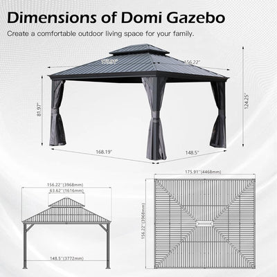 13x15FT Hardtop Outdoor Gazebo with Double Roof - Gray or Brown