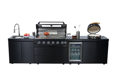 Black Stainless Steel Outdoor Kitchen Grill Island with Kamado & Refrigerator - Black