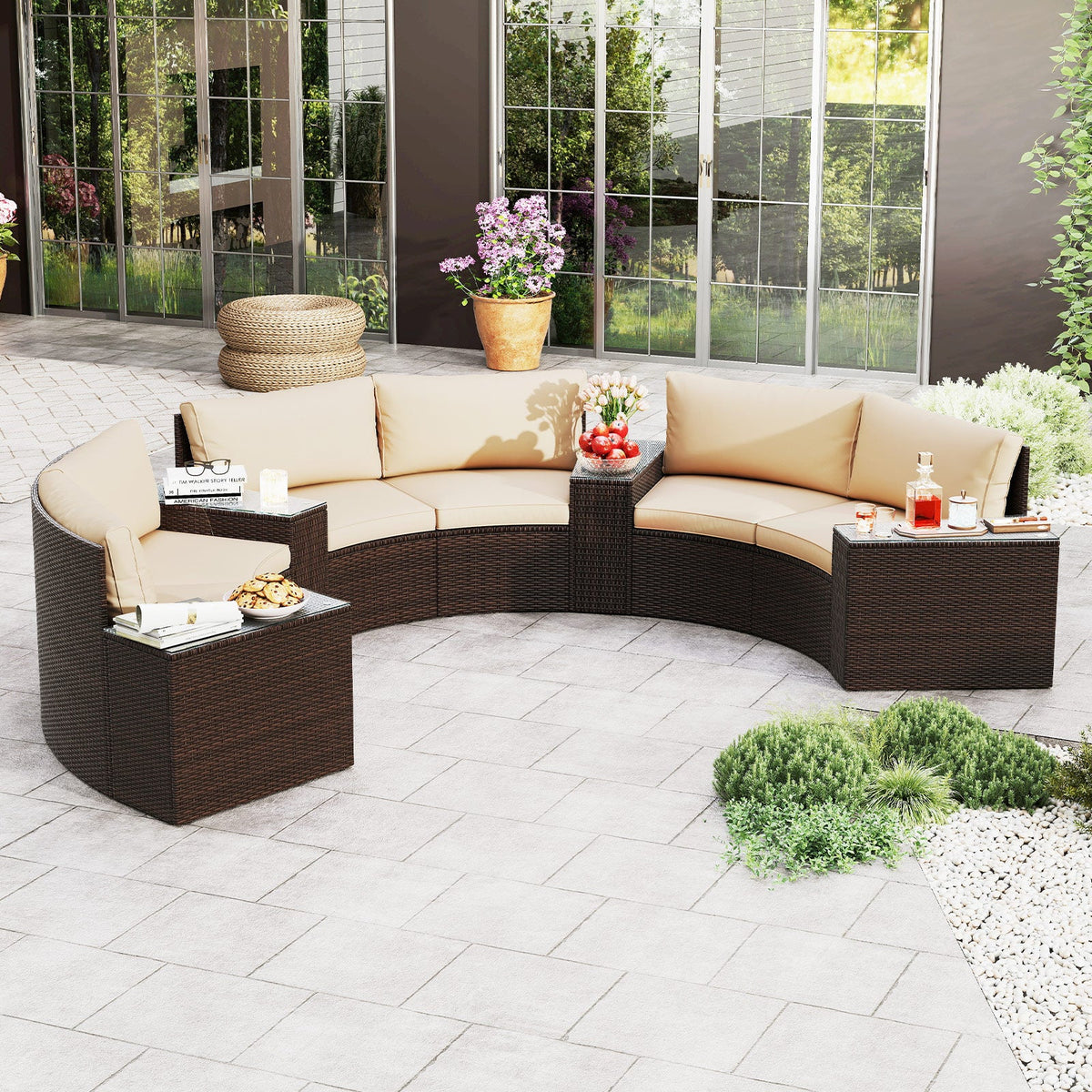 7 Pieces Patio Furniture Set PE Rattan Half-Moon Curved Sofas with Side Tables-Brown