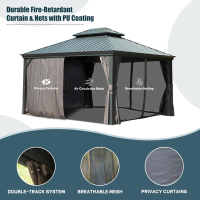 12' x 14' Hardtop Aluminum Gazebo with Double Roof and Curtains - Grey