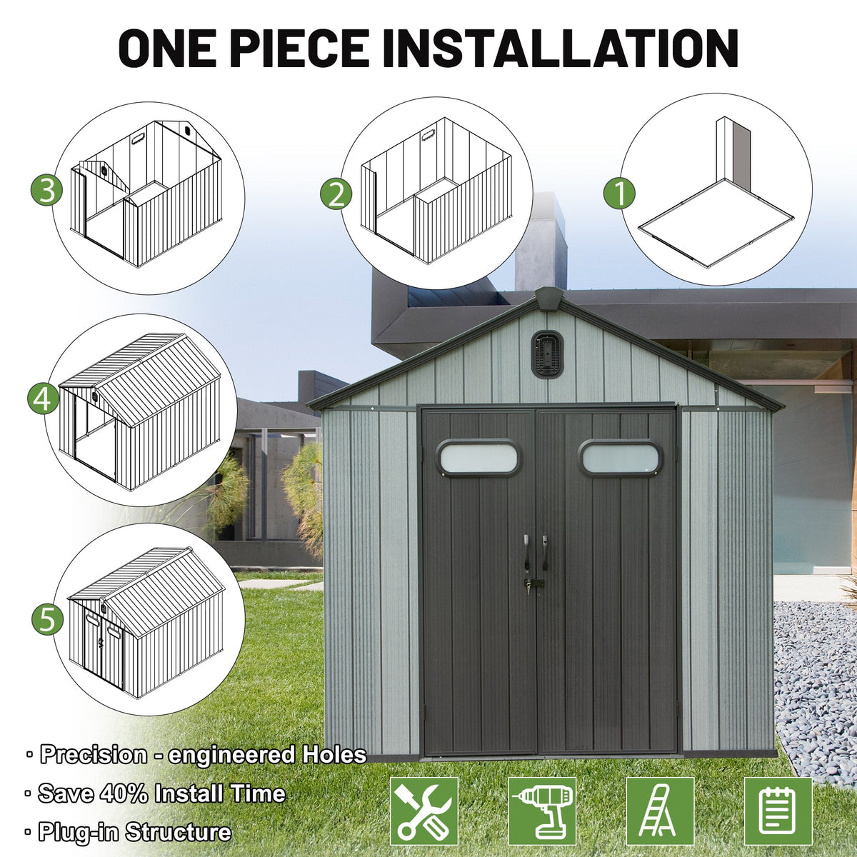 8x10FT Outdoor Resin Storage Shed with Lockable Door - Gray