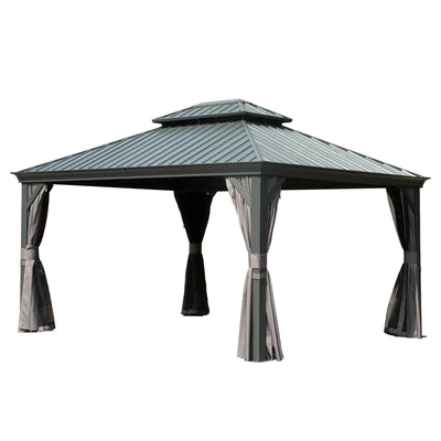 10' x 14' Hardtop Gazebo with Double Roof and Curtains - Grey or Brown