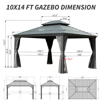 10' x 14' Hardtop Gazebo with Double Roof and Curtains - Grey or Brown
