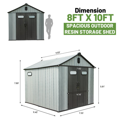 8x10FT Outdoor Resin Storage Shed with Lockable Door - Gray