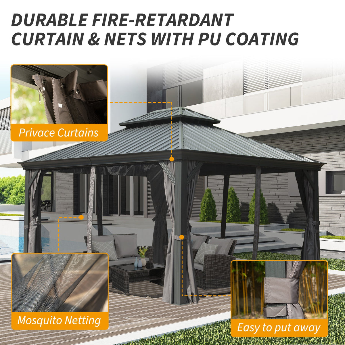 10' x 14' Hardtop Gazebo with Double Roof and Curtains - Grey or Brown