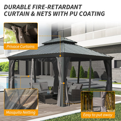 10' x 14' Hardtop Gazebo with Double Roof and Curtains - Grey or Brown