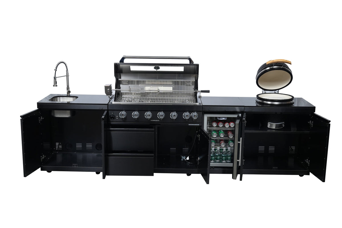 Black Stainless Steel Outdoor Kitchen Grill Island with Kamado & Refrigerator - Black