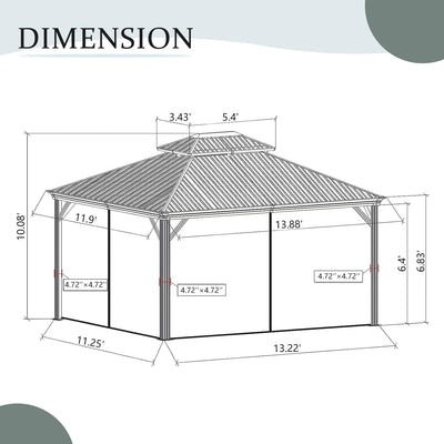 12' x 14' Hardtop Aluminum Gazebo with Double Roof and Curtains - Grey