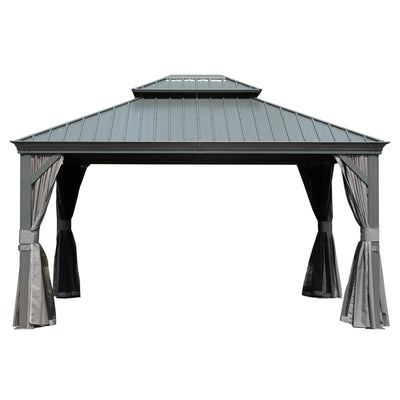 10' x 14' Hardtop Gazebo with Double Roof and Curtains - Grey or Brown