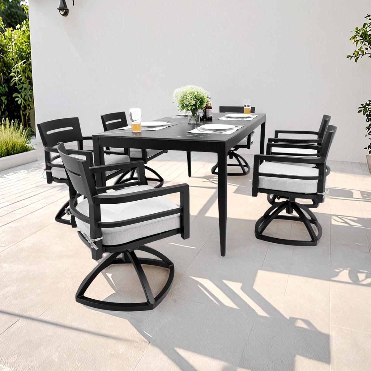 Modern 7-Piece Outdoor Patio Aluminum Dining Set with Sintered Stone Top - Black