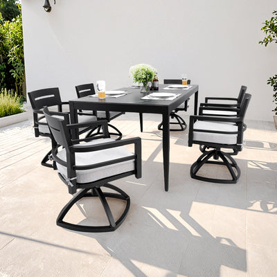 Modern 7-Piece Outdoor Patio Aluminum Dining Set with Sintered Stone Top - Black