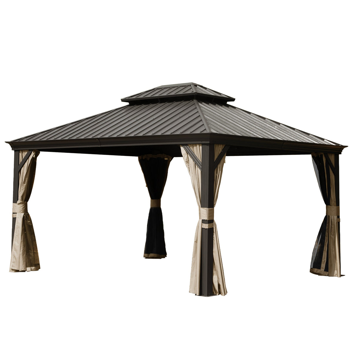 10' x 14' Hardtop Gazebo with Double Roof and Curtains - Grey or Brown