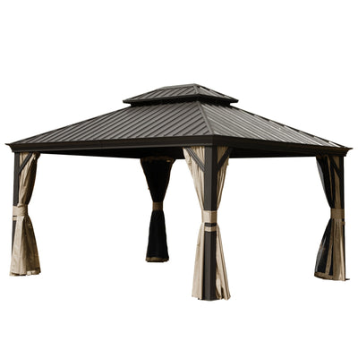 10' x 14' Hardtop Gazebo with Double Roof and Curtains - Grey or Brown