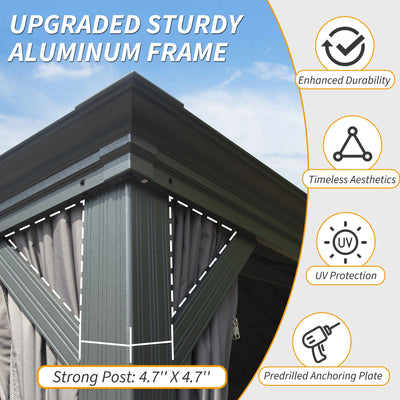 10' x 14' Hardtop Gazebo with Double Roof and Curtains - Grey or Brown