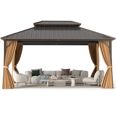 16 x 12 Feet Hardtop Gazebo Aluminum Frame Permanent Pavilion with Curtains and Netting-Coffee